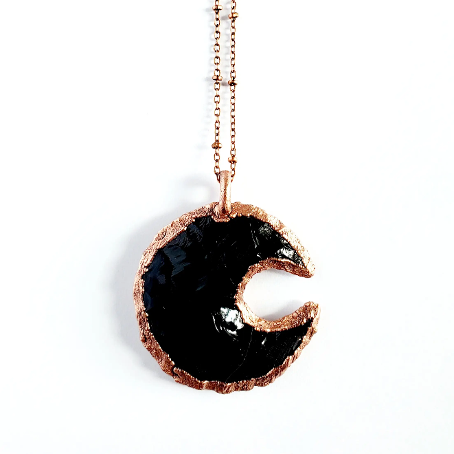Obsidian Crescent Moon Necklace - 20" Copper Chain