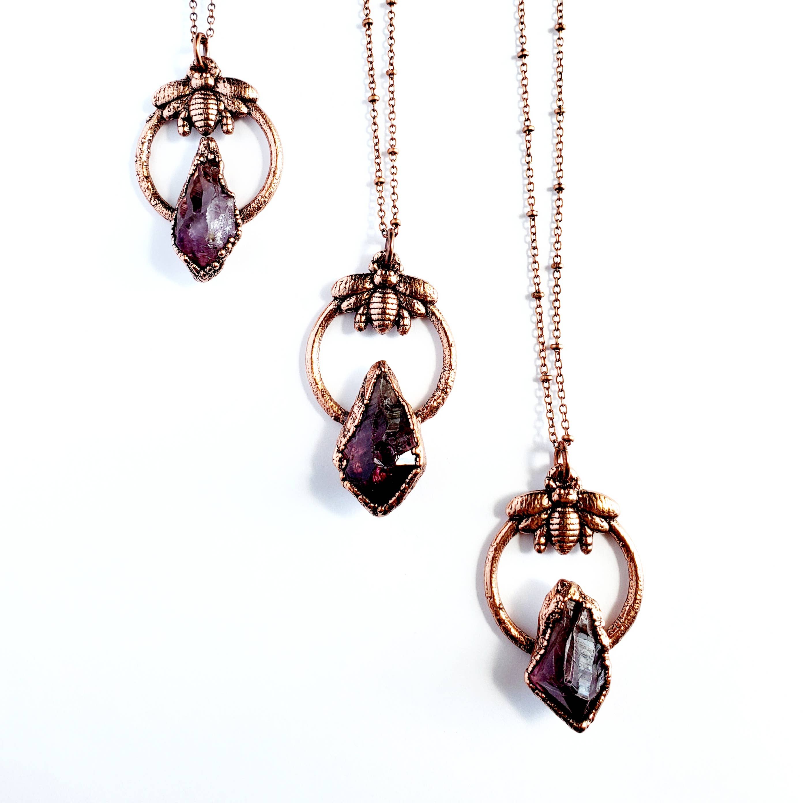 Amethyst Crystal Point & Bee Necklace - 18" Copper Chain