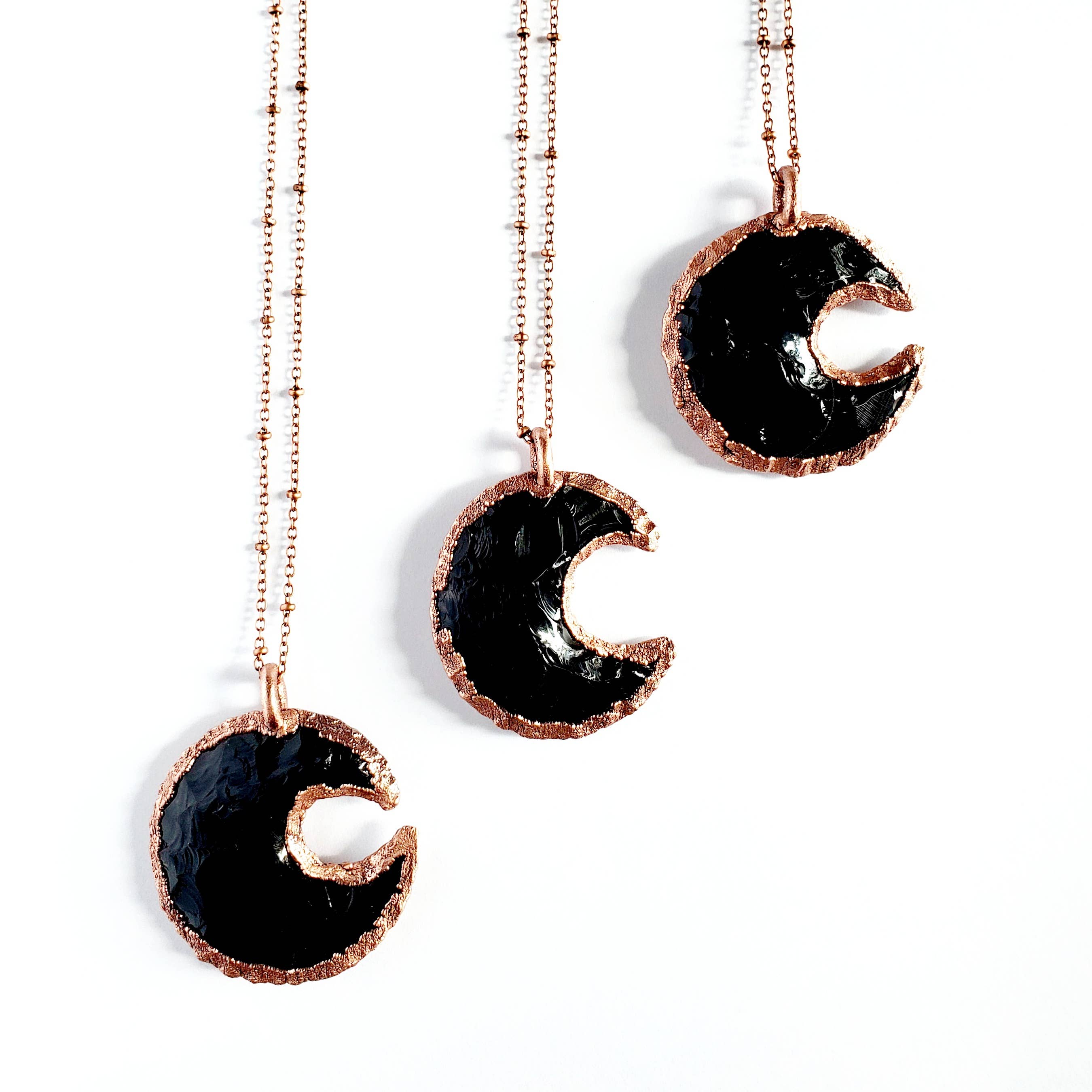 Obsidian Crescent Moon Necklace - 20" Copper Chain